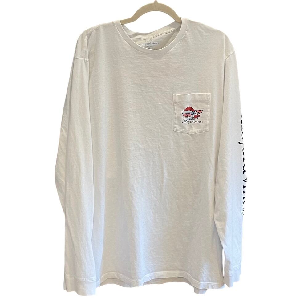 Vineyard Vines Men's White Christmas Santa Whale Long Sleeve Pocket T-Shirt, XL